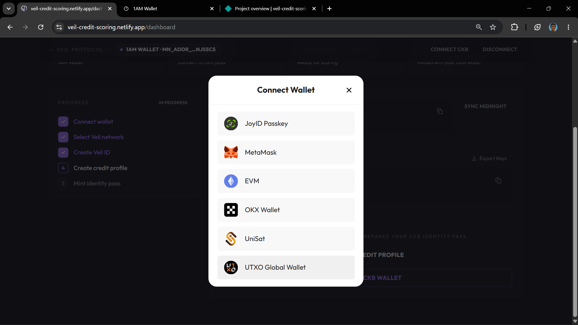 CKB wallet picker showing JoyID, MetaMask, EVM, OKX, UniSat, and UTXO Global options